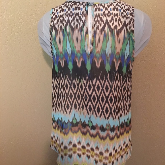 Status Beaded Front Abstract Print Semi Sheer Top - Picture 3 of 6